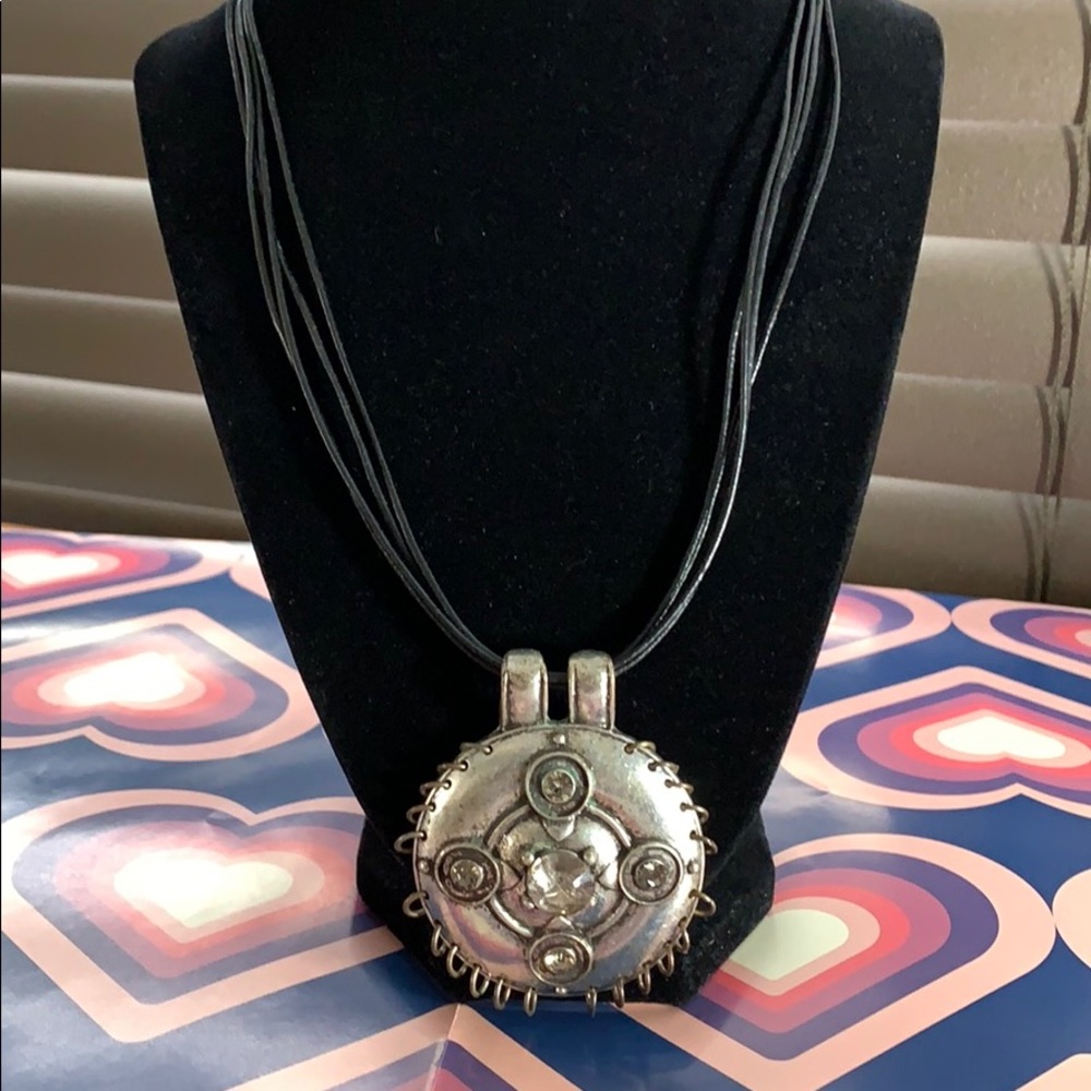 Large 2” Round Metal Burnished Silver on Leather Neck chain with Clasp Close